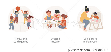 Kids motor skills development isolated cartoon vector illustration set. Throw and catch games, create a mosaic, using fork and spoon, play a game, kindergarten activity, self-care vector cartoon. 89384093