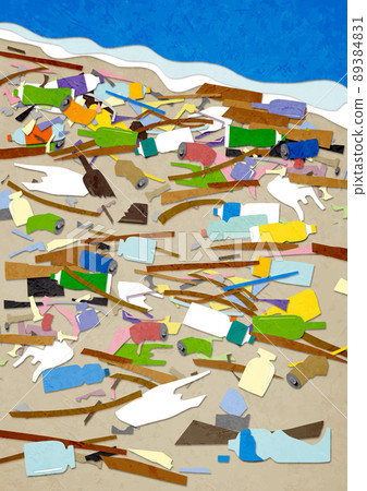 在海灘上沖上岸的大量海洋垃圾紙工藝 89384831