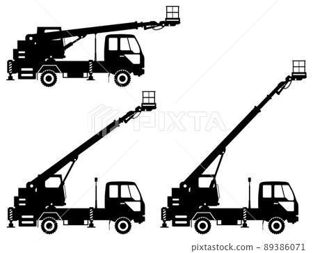 Silhouette of aerial platform truck with different boom position. Heavy construction machine. Building machinery. Special equipment. Vector illustration. Silhouette of aerial platform truck with different boom position. Heavy construction machine. Building machinery. Special equipment. Vector illustration. 89386071