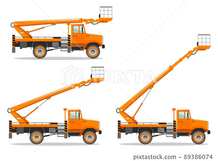 Aerial platform truck with different boom position. Heavy construction machine. Building machinery. Special equipment. Vector illustration. 89386074