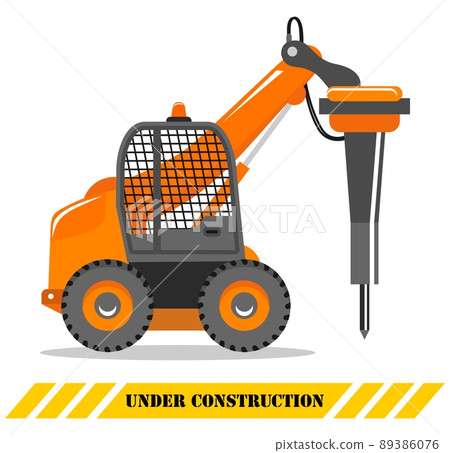 Detailed illustration of excavator with hammer. Hydraulic crusher. Heavy construction machine. Building machinery. Special equipment. Vector. Detailed illustration of excavator with hammer. Hydraulic crusher. Heavy construction machine. Building machinery. Special equipment. Vector. 89386076