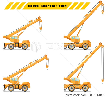 Building crane truck with different boom position. Heavy equipment and machinery. Construction machine. Vector illustration. 89386083