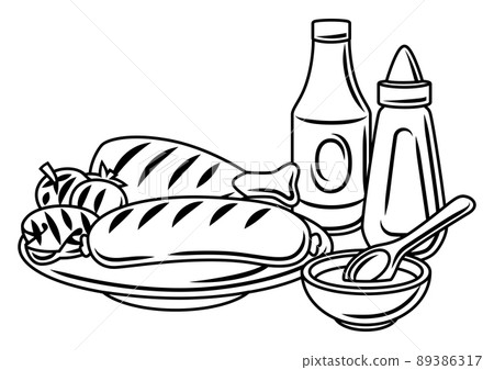 Bbq illustration with grill objects and icons. Stylized kitchen and restaurant items. 89386317