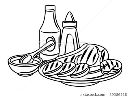 Bbq illustration with grill objects and icons. Stylized kitchen and restaurant items. 89386318