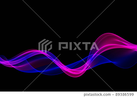 Movement of blue and magenta horizontal lines of a transparent wave on a dark background Movement of blue and magenta horizontal lines of a transparent wave on a dark background 89386599