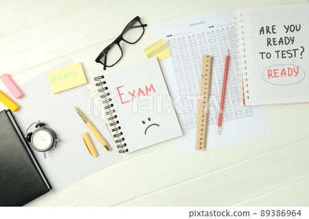 Concept of exams and tests, top view Concept of exams and tests, top view 89386964