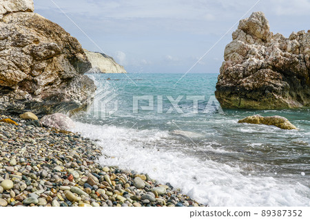 Mediterranean coast near famous goddess Aphrodite rock in Cyprus island Mediterranean coast near famous goddess Aphrodite rock in Cyprus island 89387352