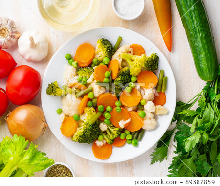 Mix of boiled vegetables, steam vegetables for dietary low-calorie diet 89387859