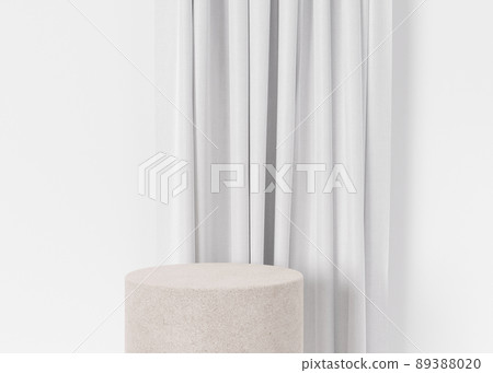 Podium with white textile on white background. Elegant podium for product, cosmetic presentation. Luxury mock up. Pedestal or platform for beauty products. Empty scene. 3D rendering. 89388020