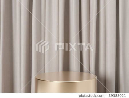 Golden podium with textile. Elegant podium for product, cosmetic presentation. Luxury mock up. Pedestal or platform for beauty products. Empty scene. 3D rendering. 89388021
