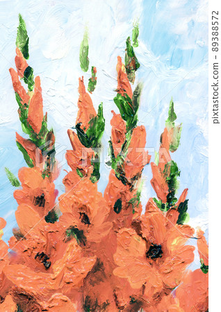 Oil painting. Red gladiolus in the garden 89388572