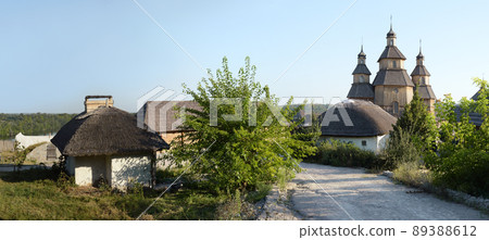 Khortytsya, Zaporozhye region, Ukraine. June 2018. Museum of Cossack culture. Ancient Ukrainian Huts Khortytsya, Zaporozhye region, Ukraine. June 2018. Museum of Cossack culture. Ancient Ukrainian Huts 89388612