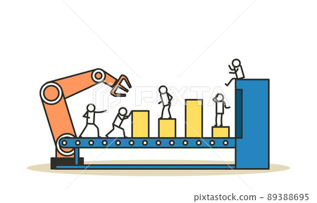 Vector business industry robot factory concept illustration future production process with infographic chart and people. Smart revolution technology machine conveyor line. Robotic system control goods Vector business industry robot factory concept illustration future production process with infographic chart and people. Smart revolution technology machine conveyor line. Robotic system control goods 89388695
