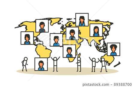 World business Earth map global technology consulting team. Cooperation globe idea teamwork with man and woman vector concept illustration background. Businessperson group coworker banner worldwide 89388700