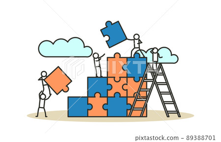 Person people man and woman connect jigsaw business puzzle flat background concept vector illustration. Cooperation businessman teamwork team. Solution partnership group problem together. Answer part 89388701