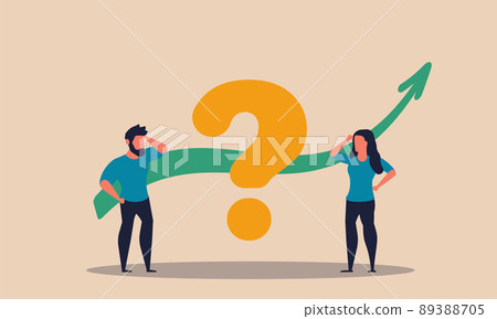Question problem and people job challenge. Office work brainstorm and business arrow vector illustration concept. Colleague cooperation team and worker discussion. Searching creative strategy idea Question problem and people job challenge. Office work brainstorm and business arrow vector illustration concept. Colleague cooperation team and worker discussion. Searching creative strategy idea 89388705
