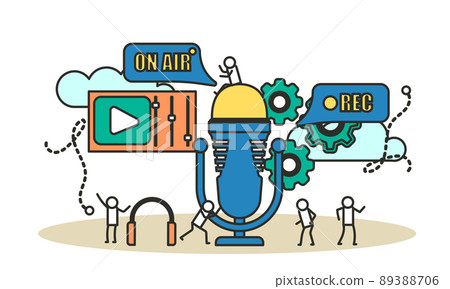 Radio music TV on air live rec interview people vector illustration. Hot news with mic broadcast sound communication studio. Male listen media headphone. Concept record online microphone business 89388706