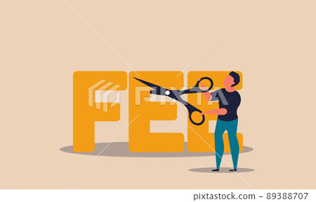 Fee waiver charge and account cost interest to paid. Offer safety package custom and discount vector illustration concept. Businessman commission cut with scissors and decrease rate percent earnings 89388707