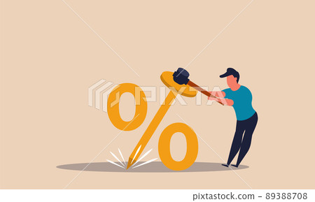 Interest rate and low loan Fed mortgage. Lower percentage reduce and business discount down vector illustration concept. Economic drop and finance to zero with hammer. Savings payment and money Interest rate and low loan Fed mortgage. Lower percentage reduce and business discount down vector illustration concept. Economic drop and finance to zero with hammer. Savings payment and money 89388708