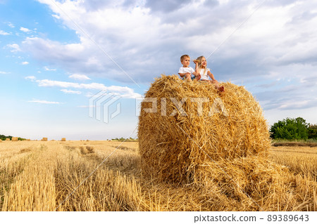 Two cute adorable caucasian siblings enjoy having fun sitting on top over golden hay bale on wheat harvested field near farm. Happy childhood and freedom concept. Rural countryside scenic landscape Two cute adorable caucasian siblings enjoy having fun sitting on top over golden hay bale on wheat harvested field near farm. Happy childhood and freedom concept. Rural countryside scenic landscape 89389643
