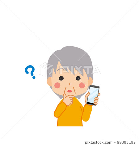 一個可愛的高級女人用智能手機思考的插圖白色背景剪貼畫上半身矢量 89393192