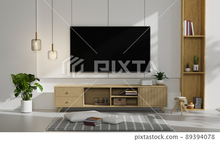 Modern contemporary living room interior design with large TV mockup on white wall 89394078