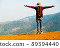 Freedom traveler man standing carrying a bag.man standing with his arms outstretched carrying a bag behind him 89394440