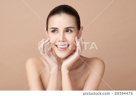 Beautiful young asian woman with clean fresh skin on beige background, Face care, Facial treatment, 89394478