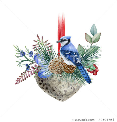 Floral winter decor with blue jay bird. Watercolor illustration. Hand drawn rustic decorative element. Heart element with pine branch, eucalyptus, blue jay, cone, fern. White background Floral winter decor with blue jay bird. Watercolor illustration. Hand drawn rustic decorative element. Heart element with pine branch, eucalyptus, blue jay, cone, fern. White background 89395761