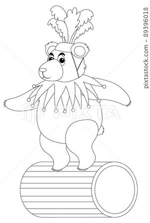 Circus bear standing on a wooden barrel black and white doodle character Circus bear standing on a wooden barrel black and white doodle character 89396018