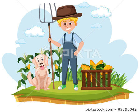 Farmer with fork and fresh corn 89396042