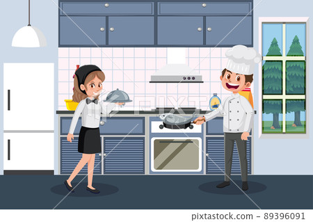 Chef and waitress working in the kitchen Chef and waitress working in the kitchen 89396091