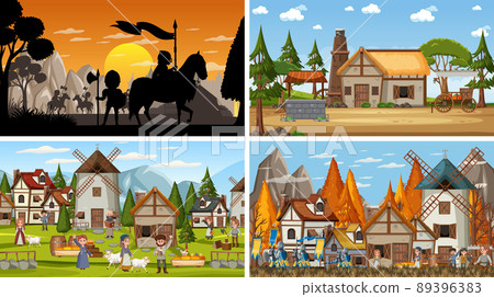 Set of different scene medieval with silhouette Set of different scene medieval with silhouette 89396383