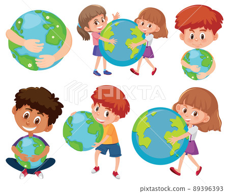Set of different kids holding earth globes Set of different kids holding earth globes 89396393