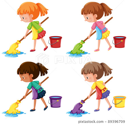 Girl mopping the floor on white background 89396709