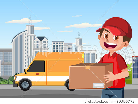 Delivery man with package in the town 89396772