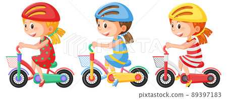 Set of girl riding bicycle wearing helmet Set of girl riding bicycle wearing helmet 89397183