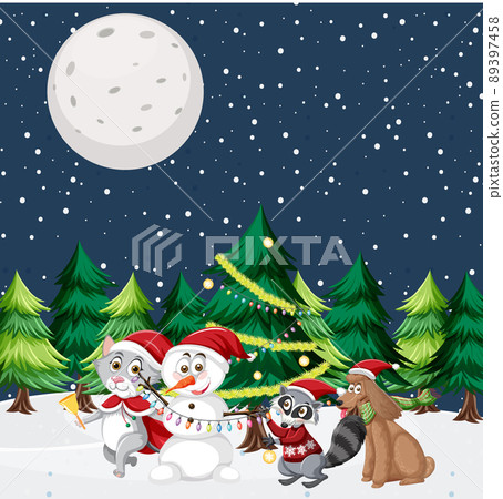 Christmas theme with snowman and animals Christmas theme with snowman and animals 89397458