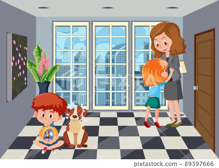 Mother and kids in the room scene 89397666