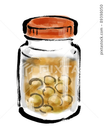 Hand-painted Japanese-style illustration of plum wine pickled in a bottle 89398050