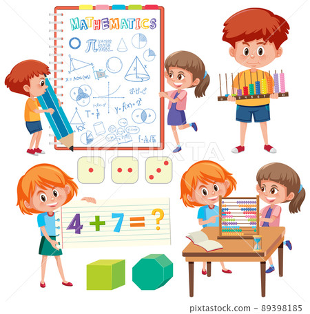 Math classroom objects with supplies and students - Stock Illustration ...