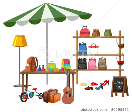 Flea market concept with second hand clothes shop 89398351