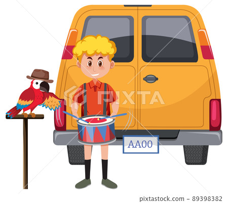 Boy playing drum with parrot 89398382