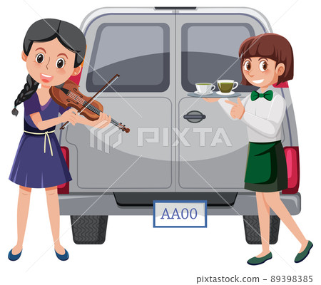 Woman playing violin and serving coffee Woman playing violin and serving coffee 89398385