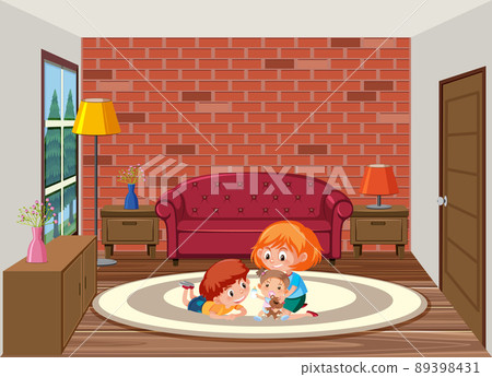 Living room scene with children cartoon character 89398431
