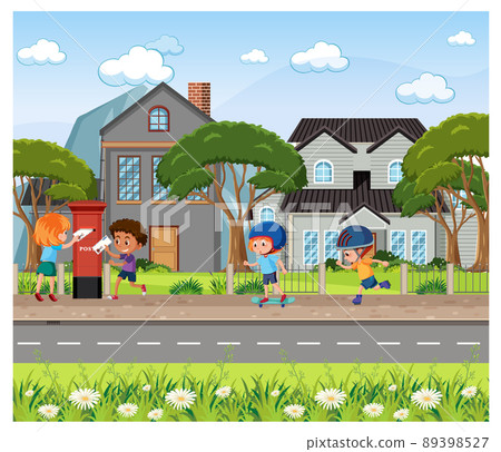 Outdoor street scene with cartoon character Outdoor street scene with cartoon character 89398527