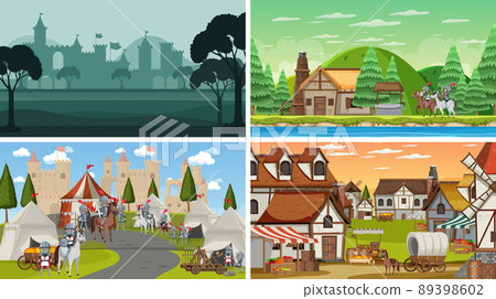 Set of different scene medieval with silhouette Set of different scene medieval with silhouette 89398602