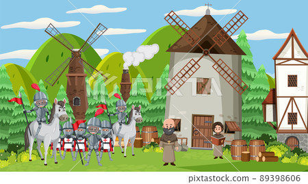 Medieval town scene with villagers Medieval town scene with villagers 89398606
