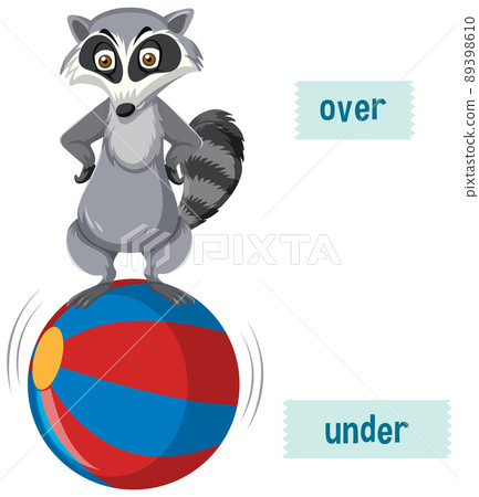 English prepositions with raccoons standing over the ball 89398610
