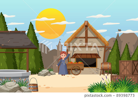 Medieval town scene with villagers Medieval town scene with villagers 89398773